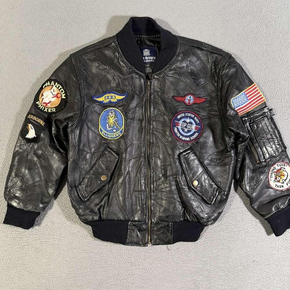 Knox‎ Armory Stitched Leather Bomber Jacket Patches Embroidered Youth Size Small